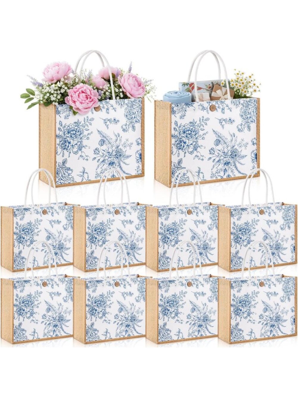 10 Pcs Large Blue Floral Tote Bags - Wildflower Gift Bags for Any Occasion
